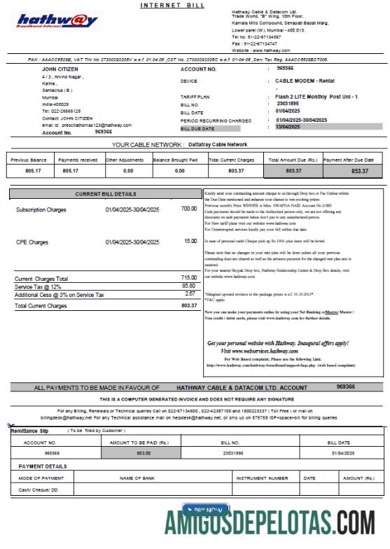 Para baixar modelo de fatura de serviços públicos da India Hathway Cable & Datacom em formatos Word e PDF